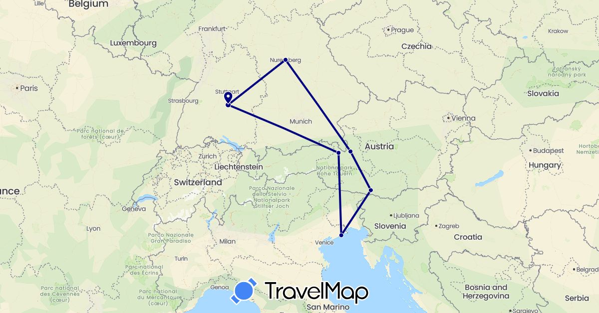 TravelMap itinerary: driving in Austria, Germany, Italy (Europe)